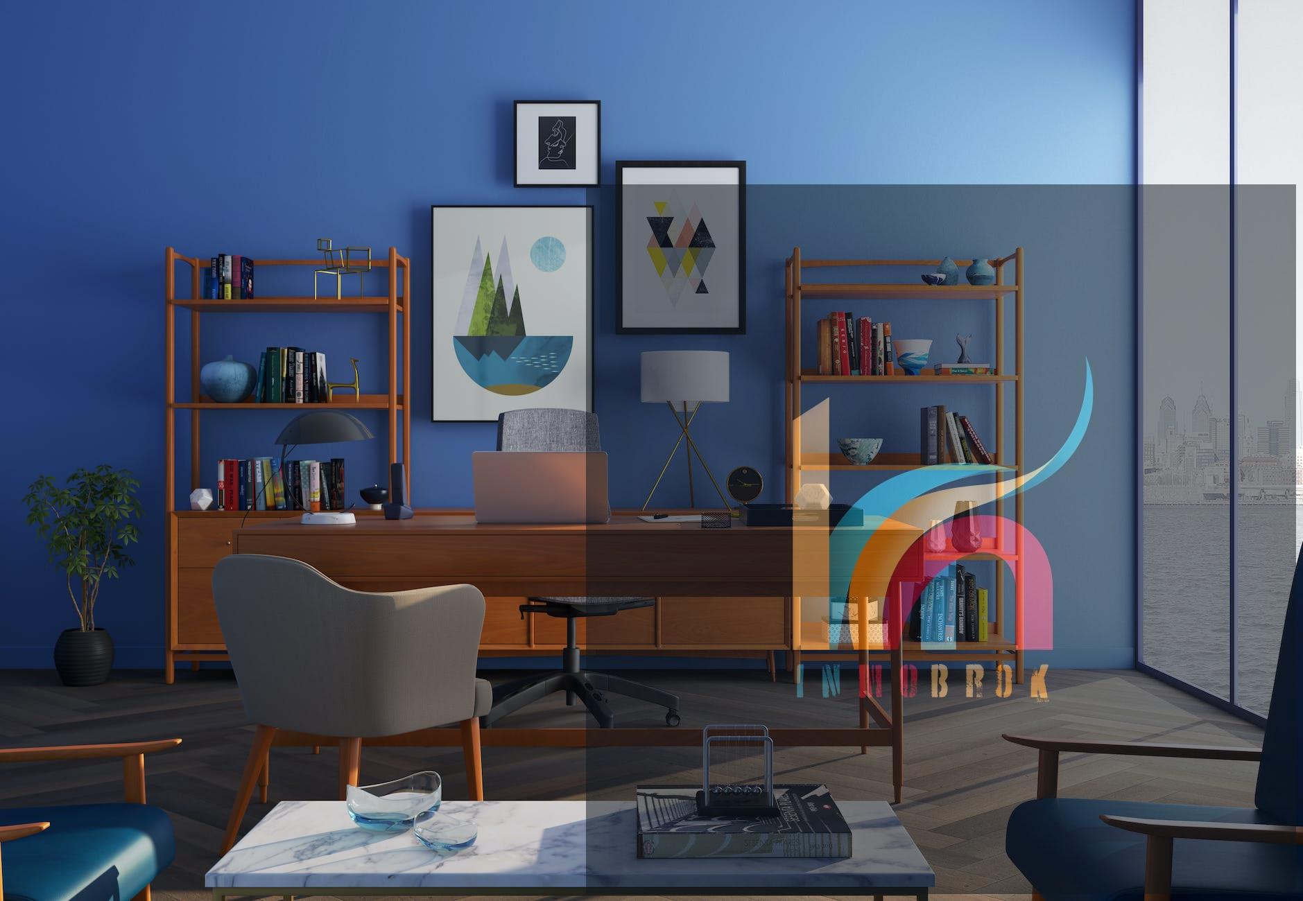 brown wooden desk with rolling chair and shelves near window