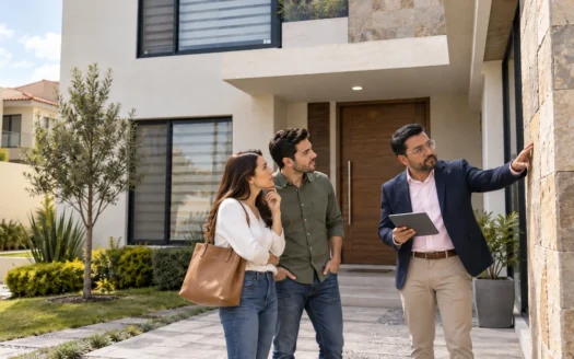 Pareja revisando una casa usada con asesor inmobiliario antes de comprar en Pachuca