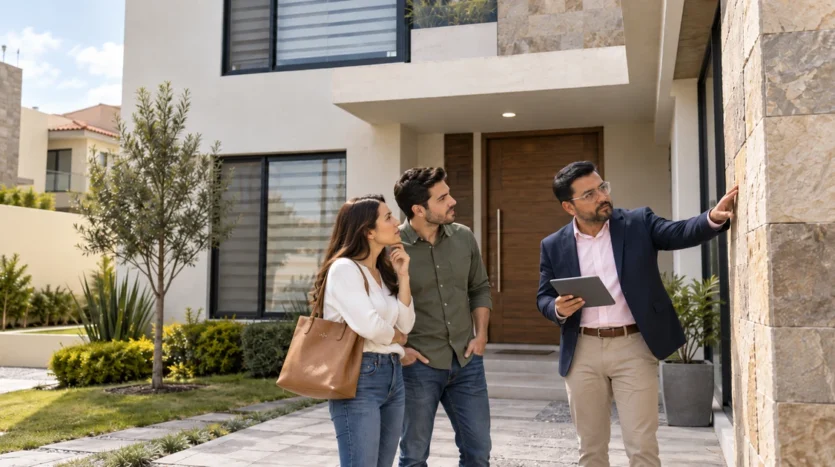 Pareja revisando una casa usada con asesor inmobiliario antes de comprar en Pachuca